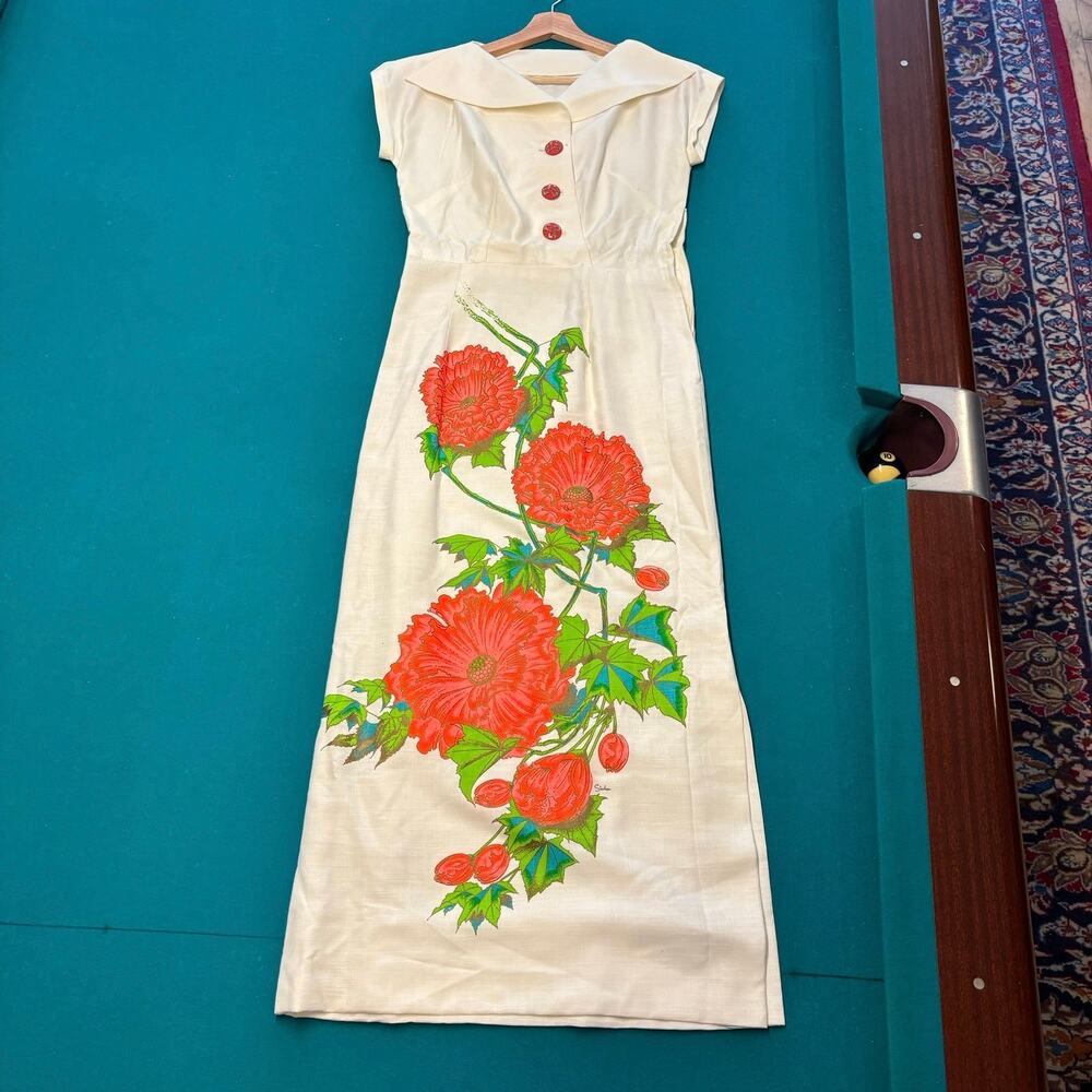 Vintage Alfred Shaheen Hand Painted RARE Hawaiian Three Button Maxi Dress